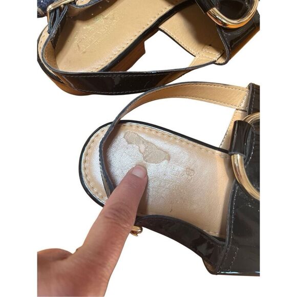 Coach & Four Women Sandals 8.5 Black Patent Leather Gold Ring Slingback Italy - Picture 8 of 10